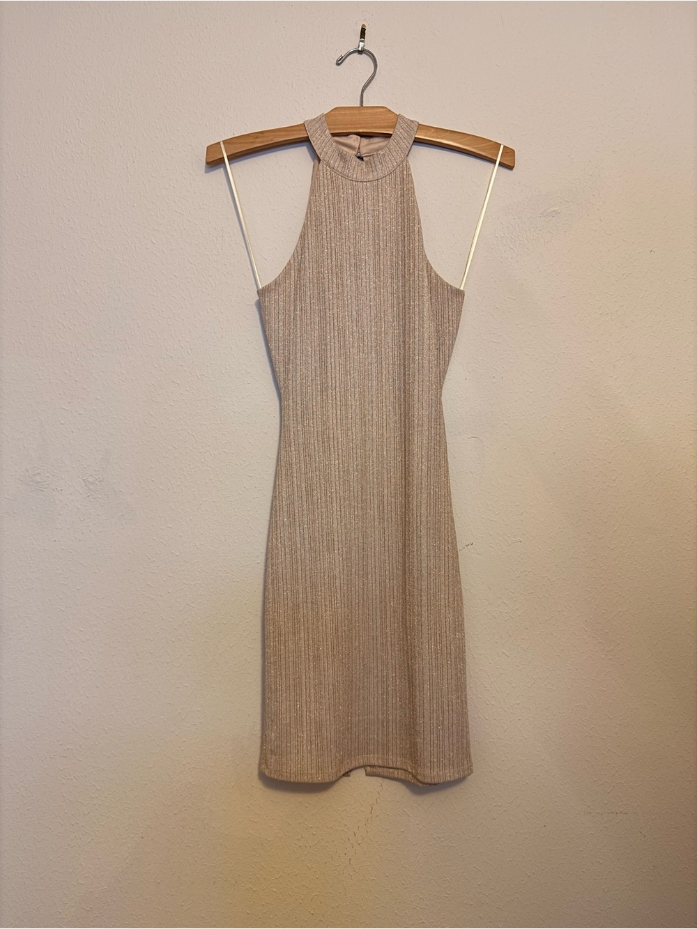 Sienna Sky Ribbed Halter Mini Dress in Taupe